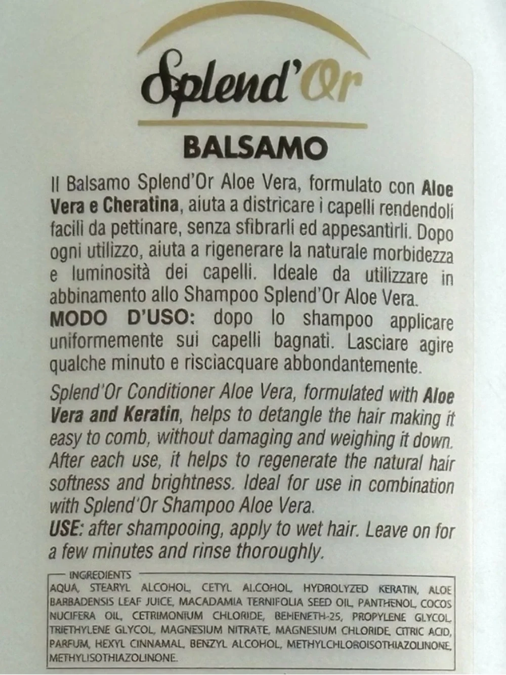 New Italian Splend’Or Basalmo Aloe & Keratin Conditioner from Italy