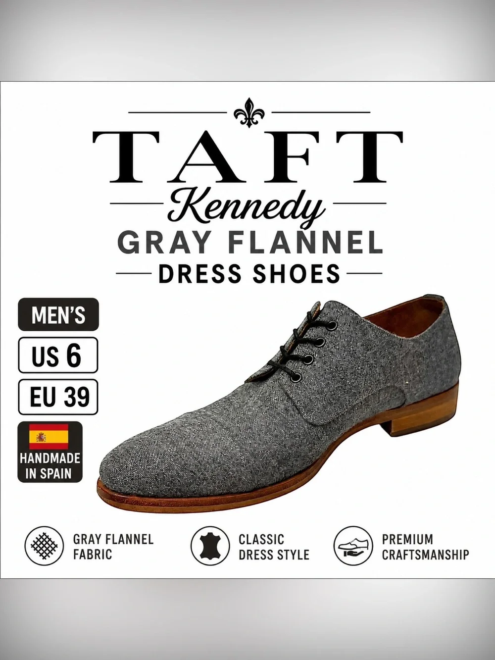 TAFT Kennedy Gray Flannel Dress Shoes Men’s US 6 EU 39 Handmade Spain Lace Up