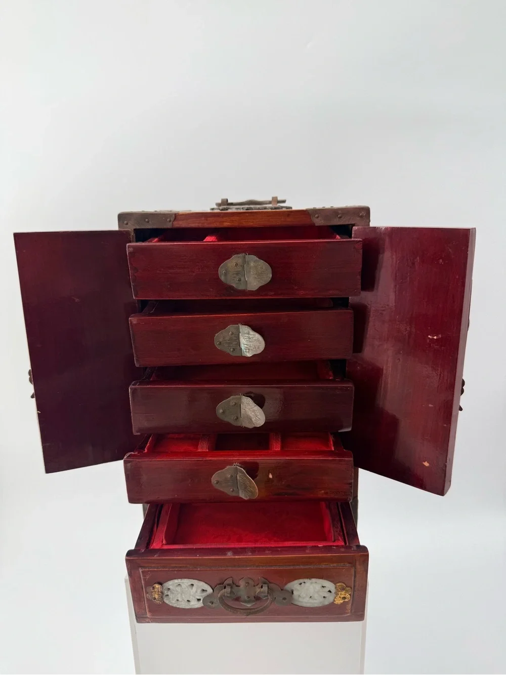 Antique-Style Red Wood Jewelry Cabinet with Jade Inlay - Unbranded