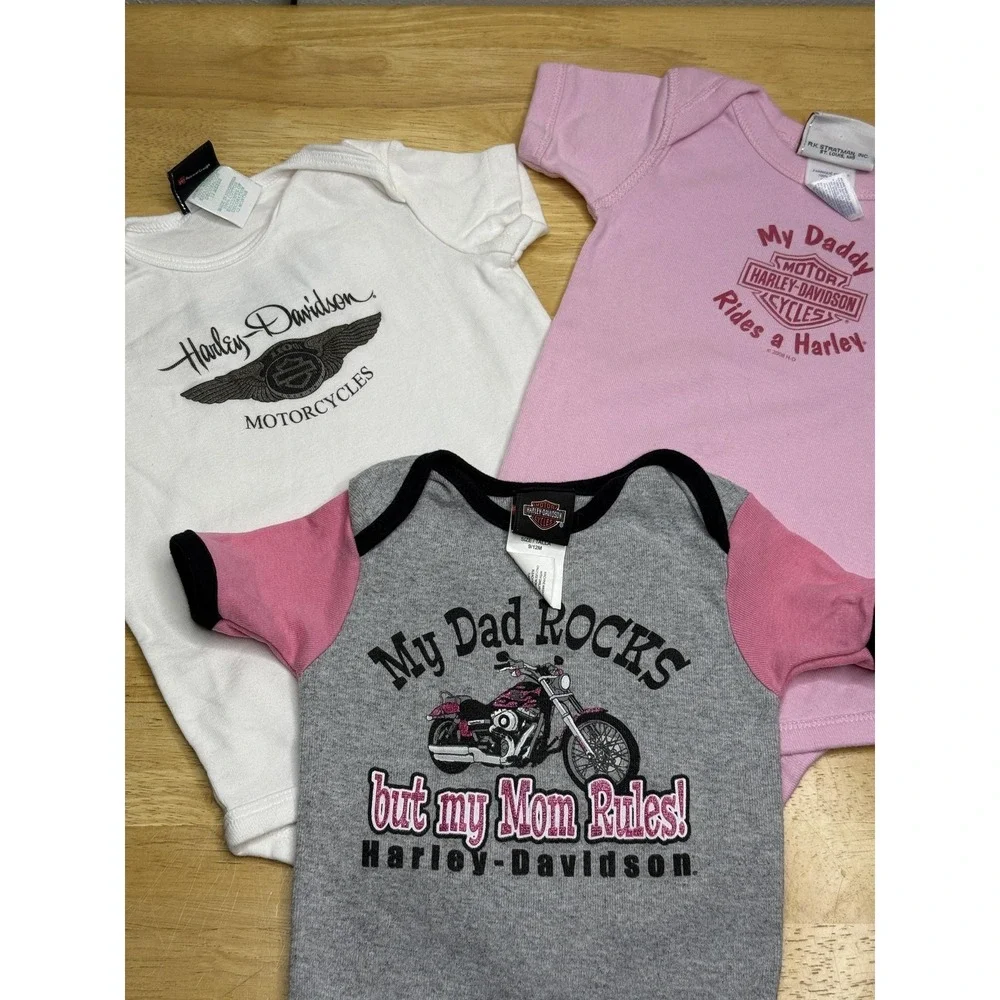 Harley-Davidson Romper Lot Girls 9-12 Months Pink Motorcycle‎ Bodysuit 3 Piece