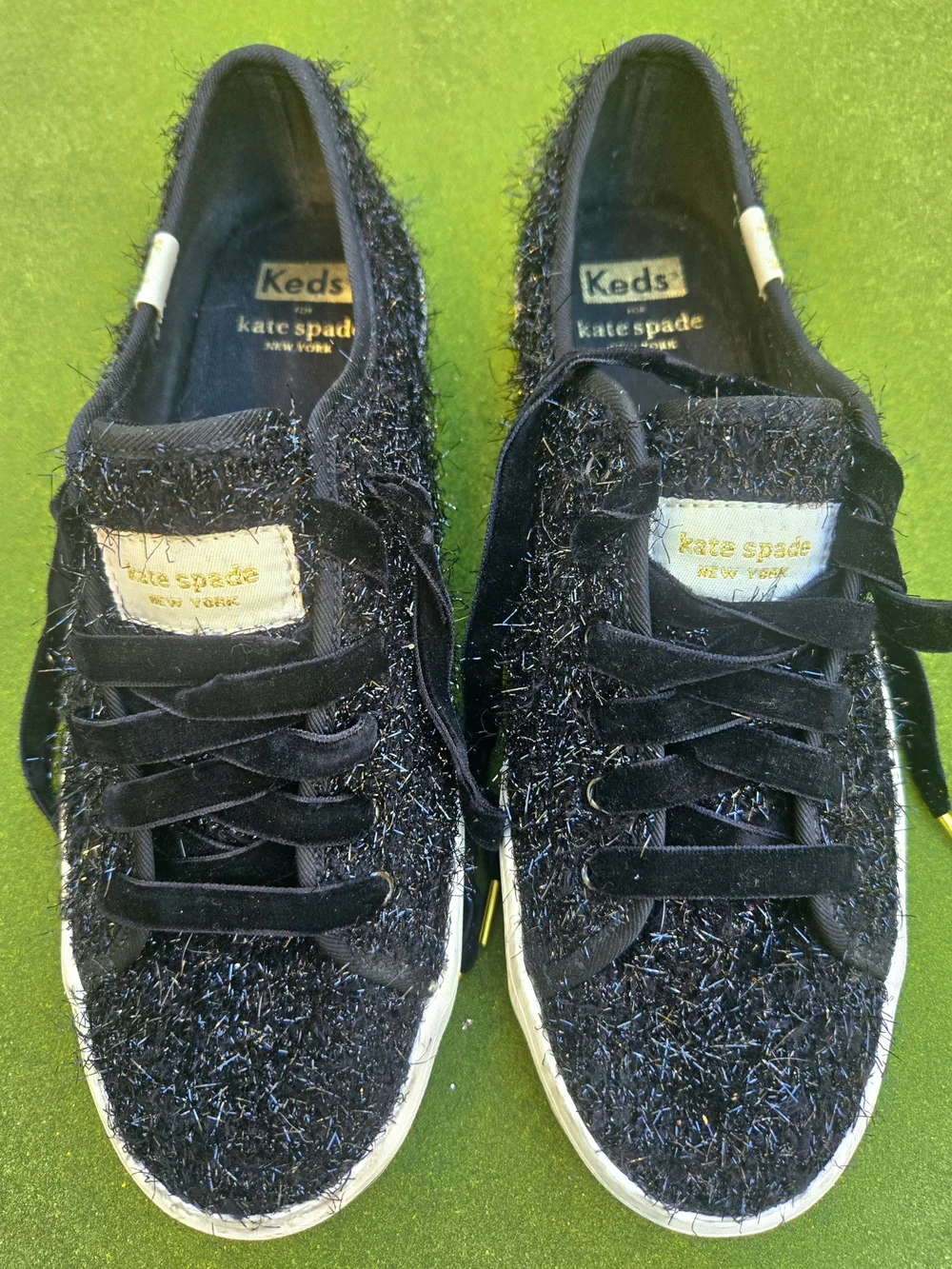 KEDS Kate Spade Anthropologie 6½ Kickstart Black Sparkle Tinsel Fuzzy SPARKLE