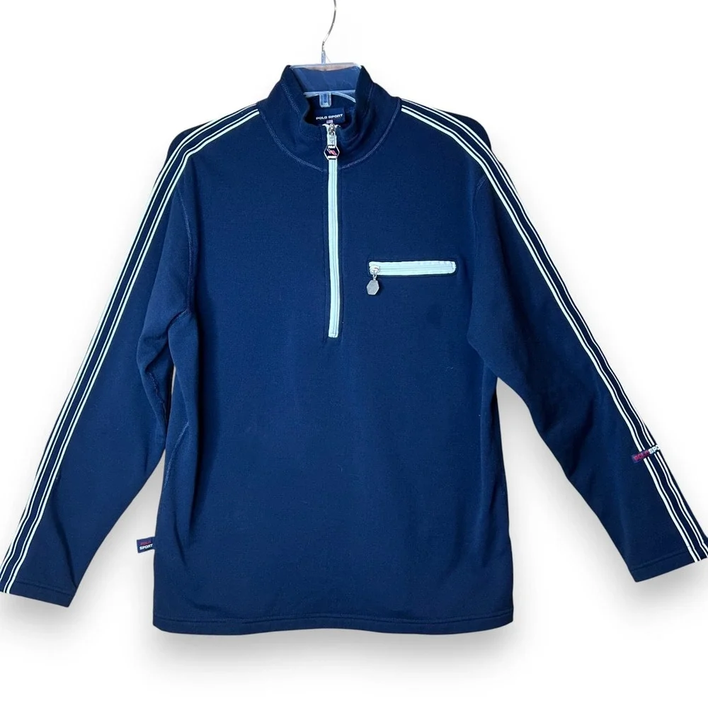 Polo Sport Ralph Lauren Navy Blue Quarter Zip Pullover Sweater USA L Stripe Trim