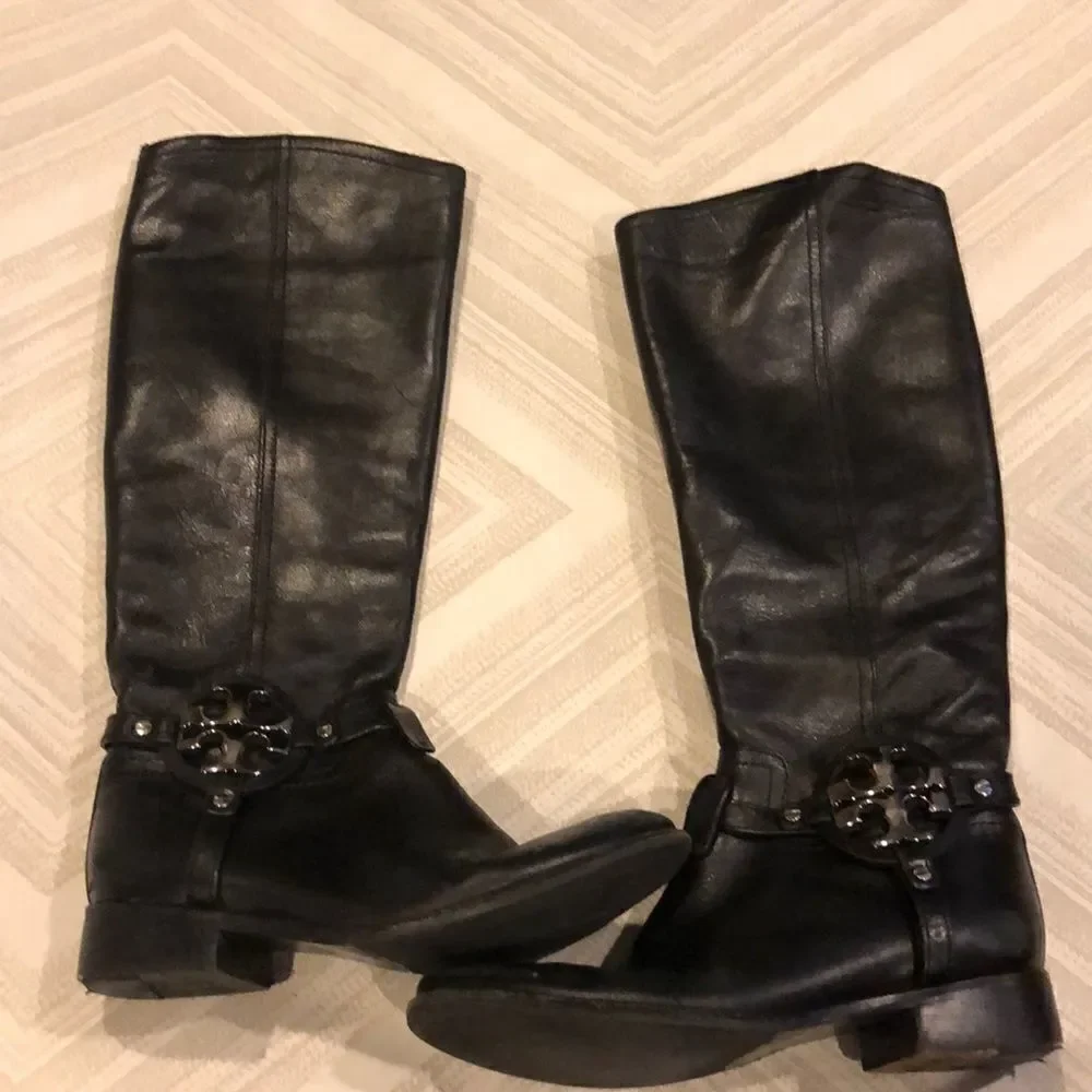 Tory Burch Aaden Black Leather Riding Boots Size 6 Silver Logo Tall Knee High