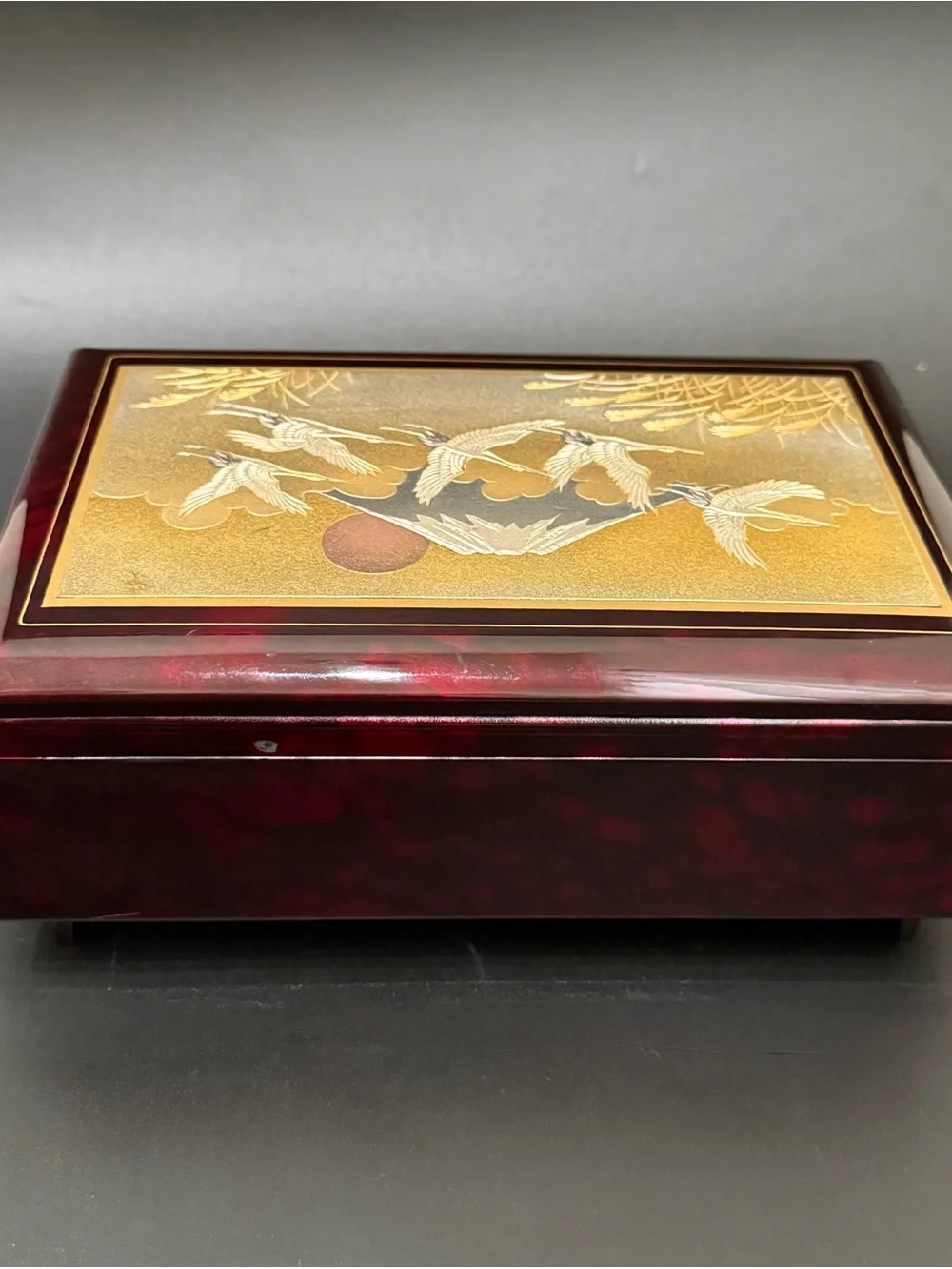 Vintage Japanese Lacquer Chokin Landscape Mt Fuji Flying Cranes Music Box Sakura