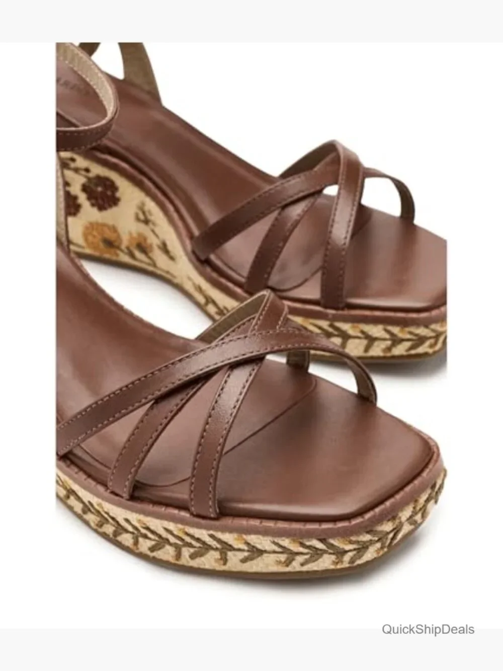 Hand-Embroidered Raffia Wedge Sandals with Leather Straps