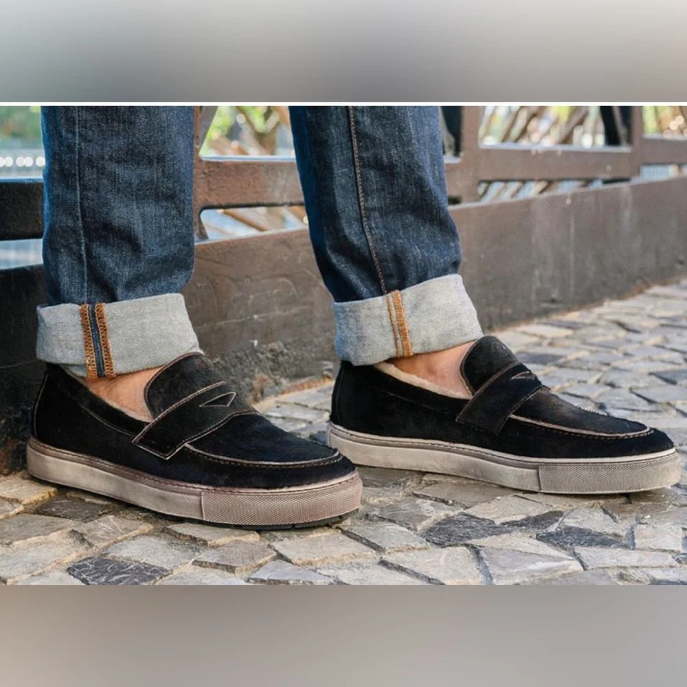 Ross & Matteo Genuine‎ Shearling Loafer Sneaker sz 12 Leather Calf Hair Outdoors