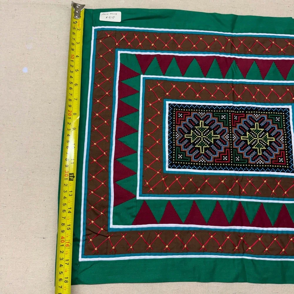 Hmong Paj Ntaub Hand Embroidered Textile Art Story Cloth Green Burgundy 23x18
