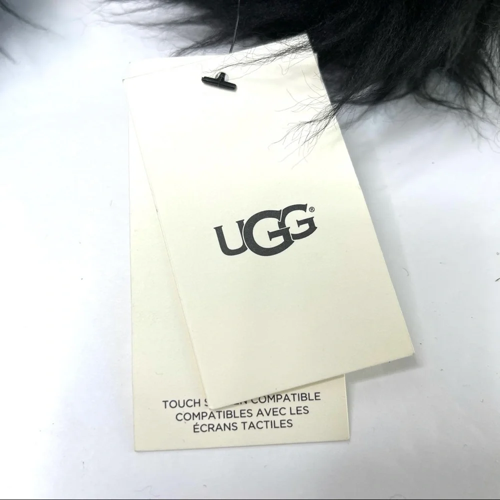 UGG Black Leather Gloves Fur Trim Black NEW Touchscreen Tech Size S