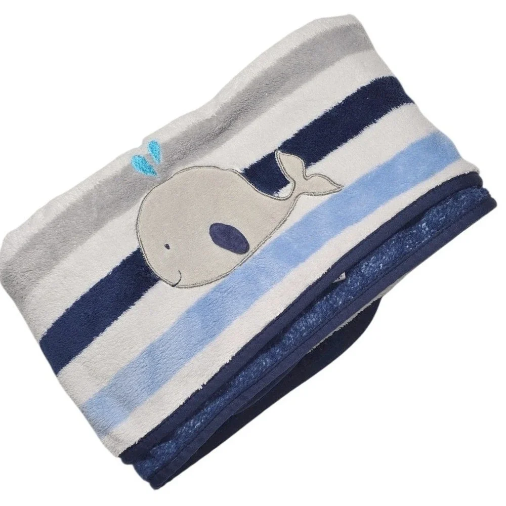 Garanimals Baby Blanket Blue White Navy Striped Whale‎  Plush Fleece Soft 2017