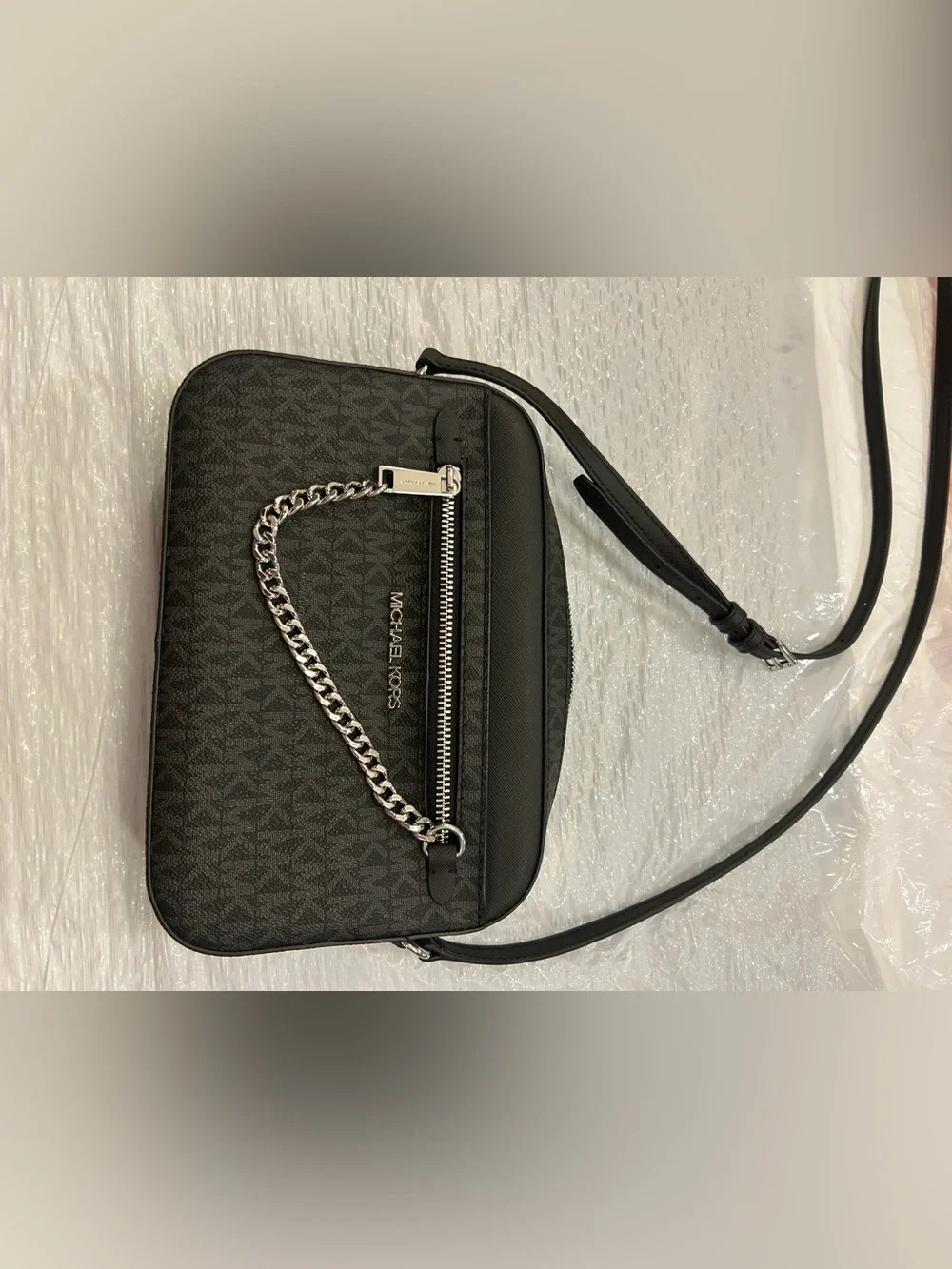 Michael Kors Black Logo Belt Bag with Silver Chain Accent