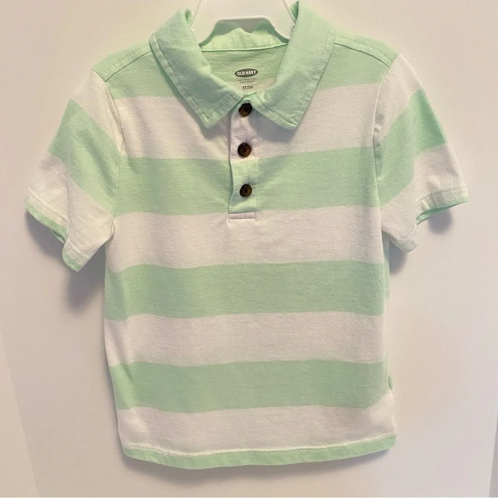 OLD Navy Toddler Boys Green & White Striped Short Sleeve Polo Shirt Size 3T