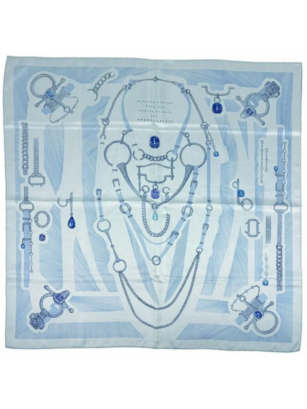 Hermes Carre 90 Etude Pour Une Parure de Gala Formal Scarf Silk Light Blue