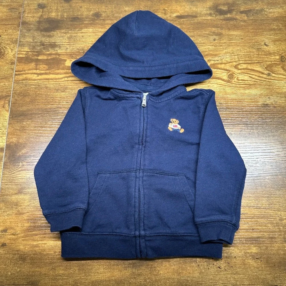 Ralph Lauren‎ Polo Bear Full Zip Hoodie Navy Blue Toddler 18M Flag Sweatshirt