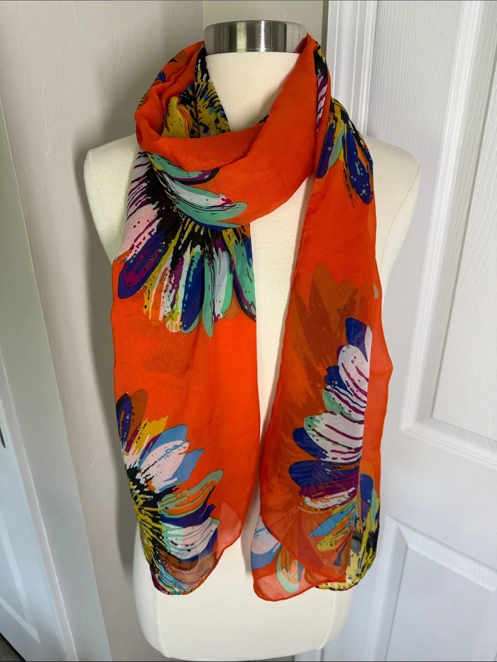 Colorful orange daisy print sheer scarf