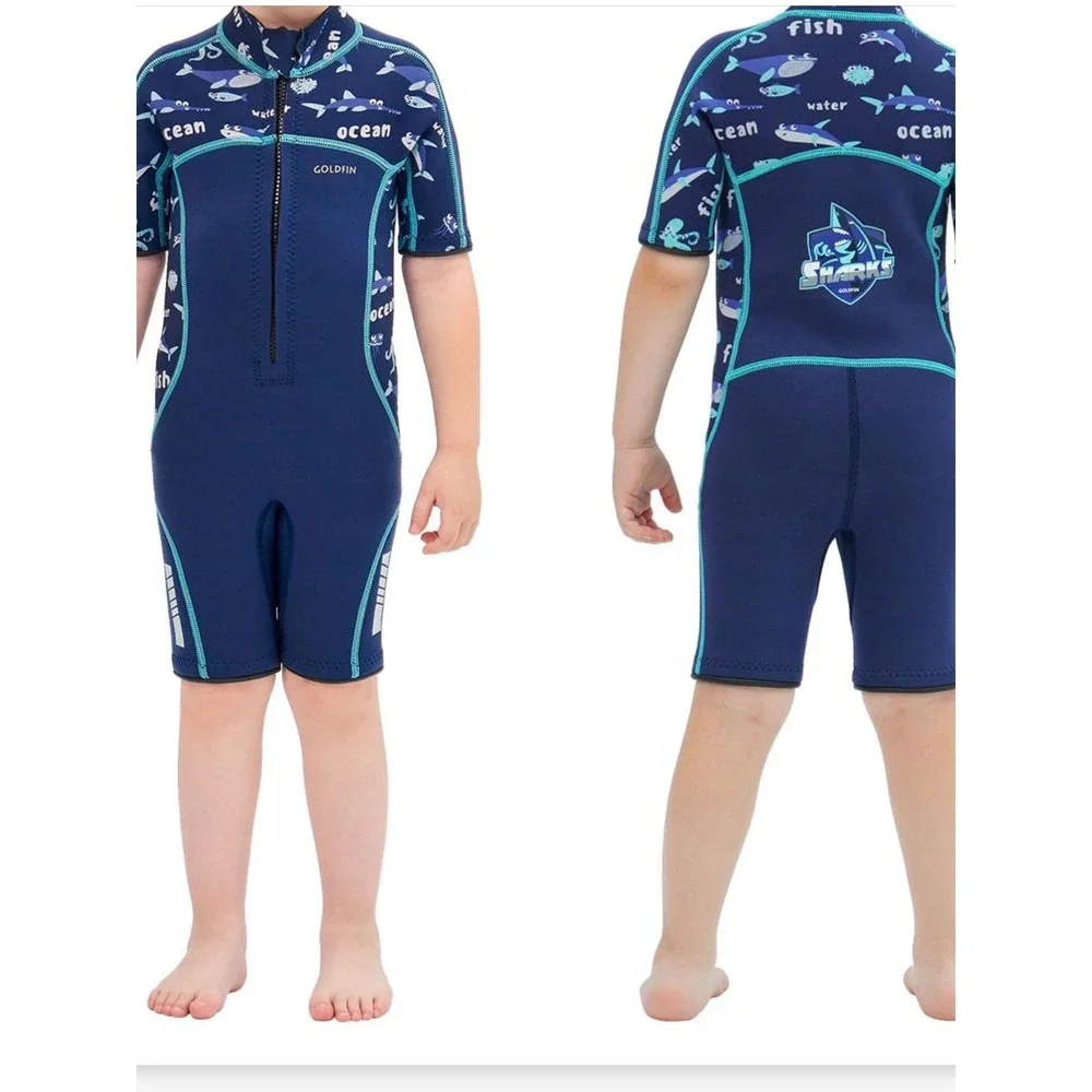 Goldfin Wetsuit Kids Size 2 Blue Excellent Shorty Neoprene Front Zip Shark Print