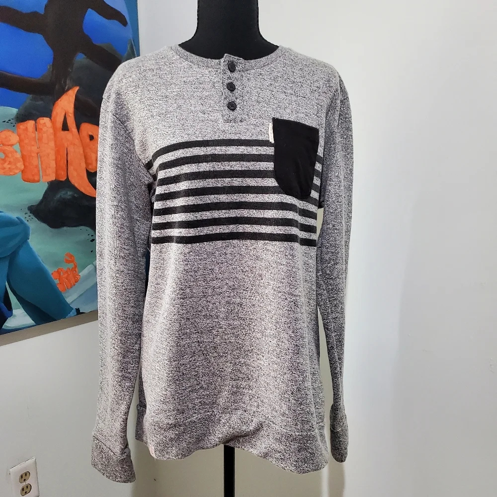 Marc Ecko Cut & Sew Men's Striped Henley Pocket Long Sleeve Gray Size L