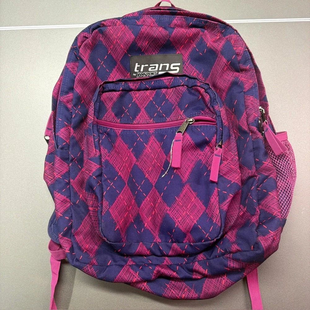 Trans by Jansport Backpack Purple‎ Blue Pink Girls Diamond Pattern Zip Pockets