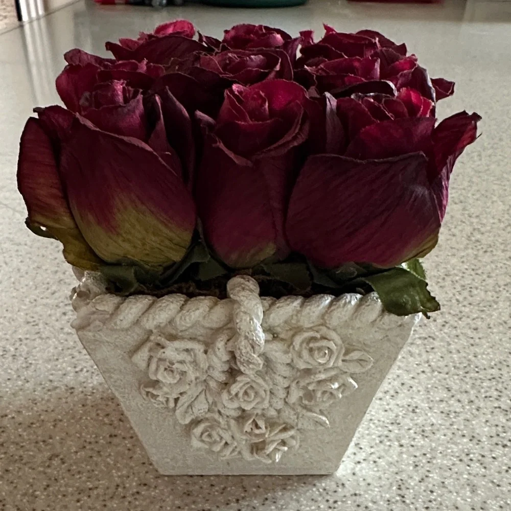 Decorative floral centerpiece Dark Red Artificial Roses in a White Ceramic Vase