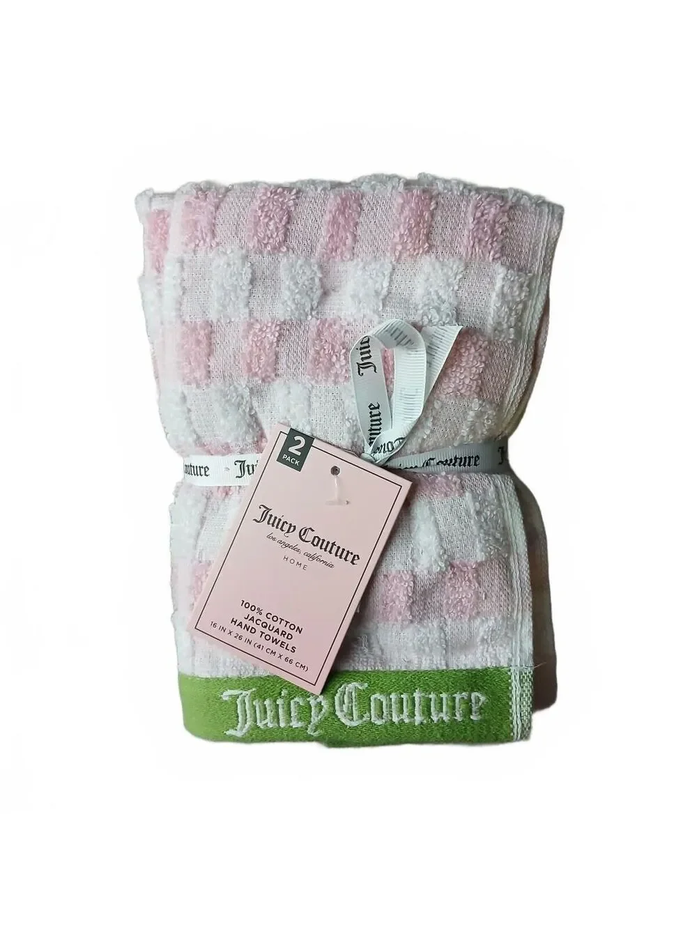 Juicy Couture Pink White Green Checkered 2 Pack Cotton Hand Towels 16x26 NWT