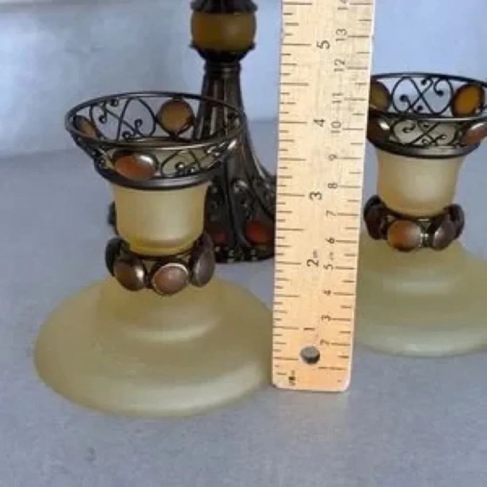 Classic Amber Glass and Bronze Table Lamp Set - Elegant Home Accents