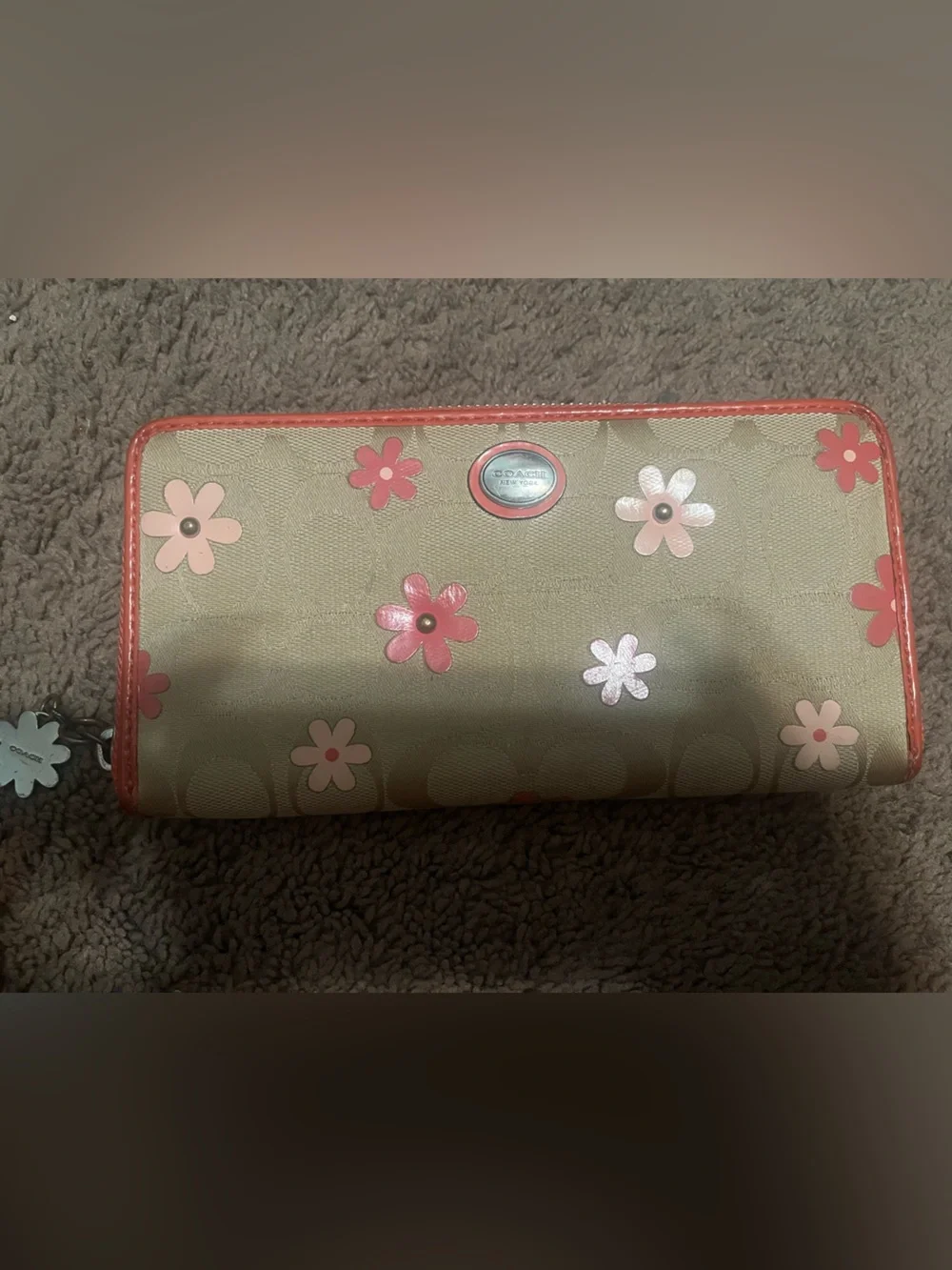 Coach Beige Canvas Zip-Around Wallet with Coral Pink Floral Accents