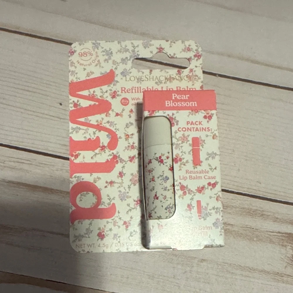 LoveShackFancy x Wild Pear Blossom Refillable Lip Balm Case - White w Pink flrl