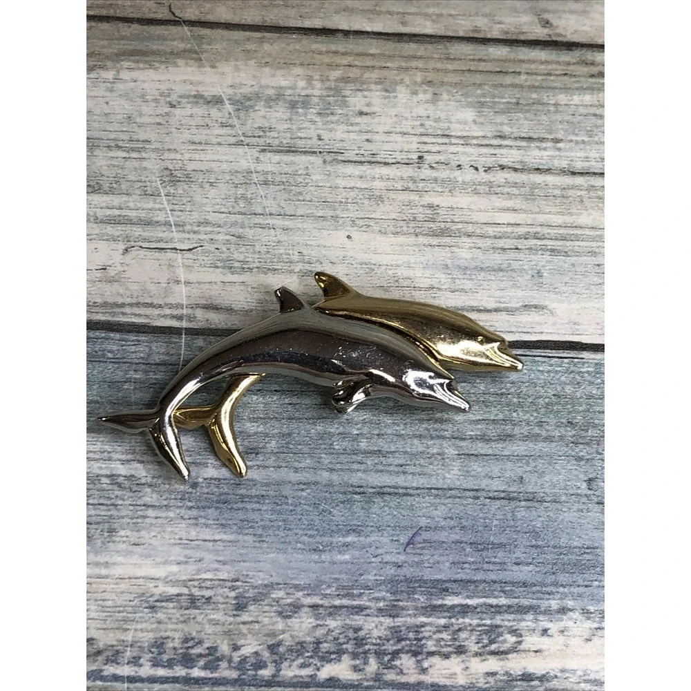 Vintage LIZ CLAIBORNE BROOCH PIN Silver & Gold‎ Tone DOUBLE DOLPHINS JUMPING