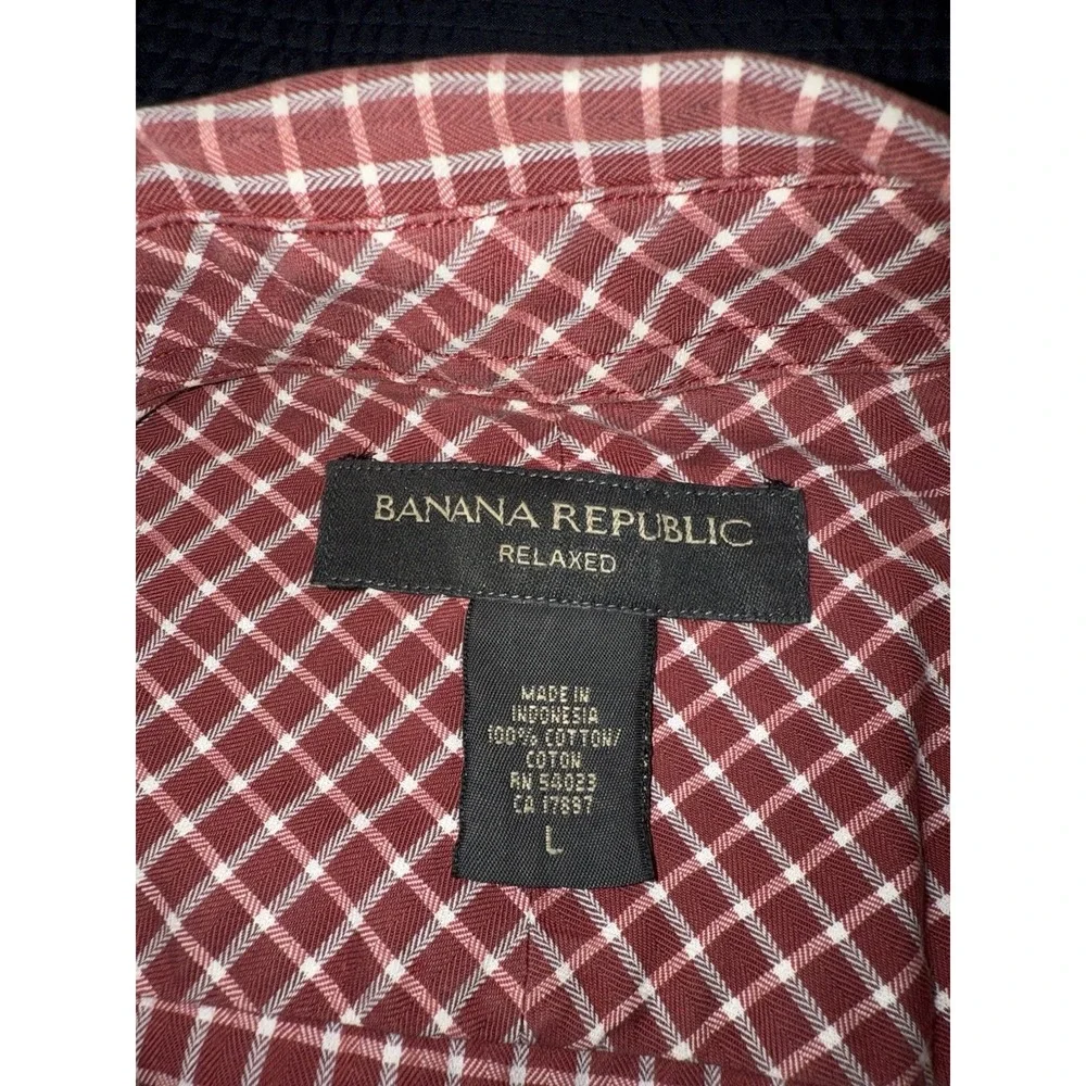 Banana Republic Shirt Mens Size Large Burgundy Check Plaid Button Up Relaxed Fit