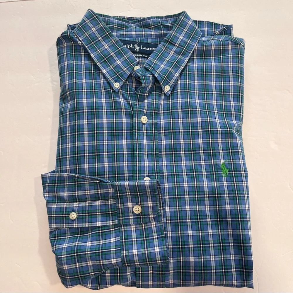 Polo Ralph Lauren Blue Green Plaid Cotton Button Down‎ Shirt XL