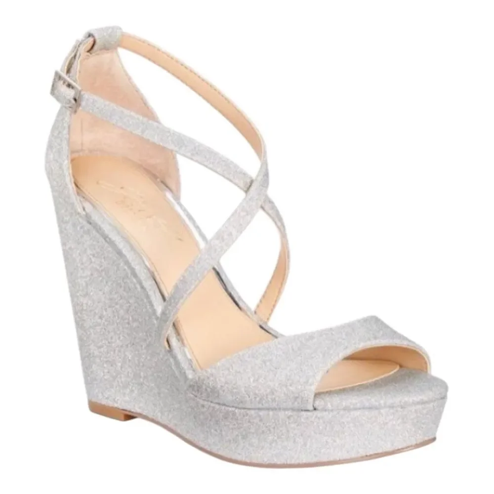 Jewel Badgley Mischka Averie Evening Sandal Heels Silver Glitter 8.5M New