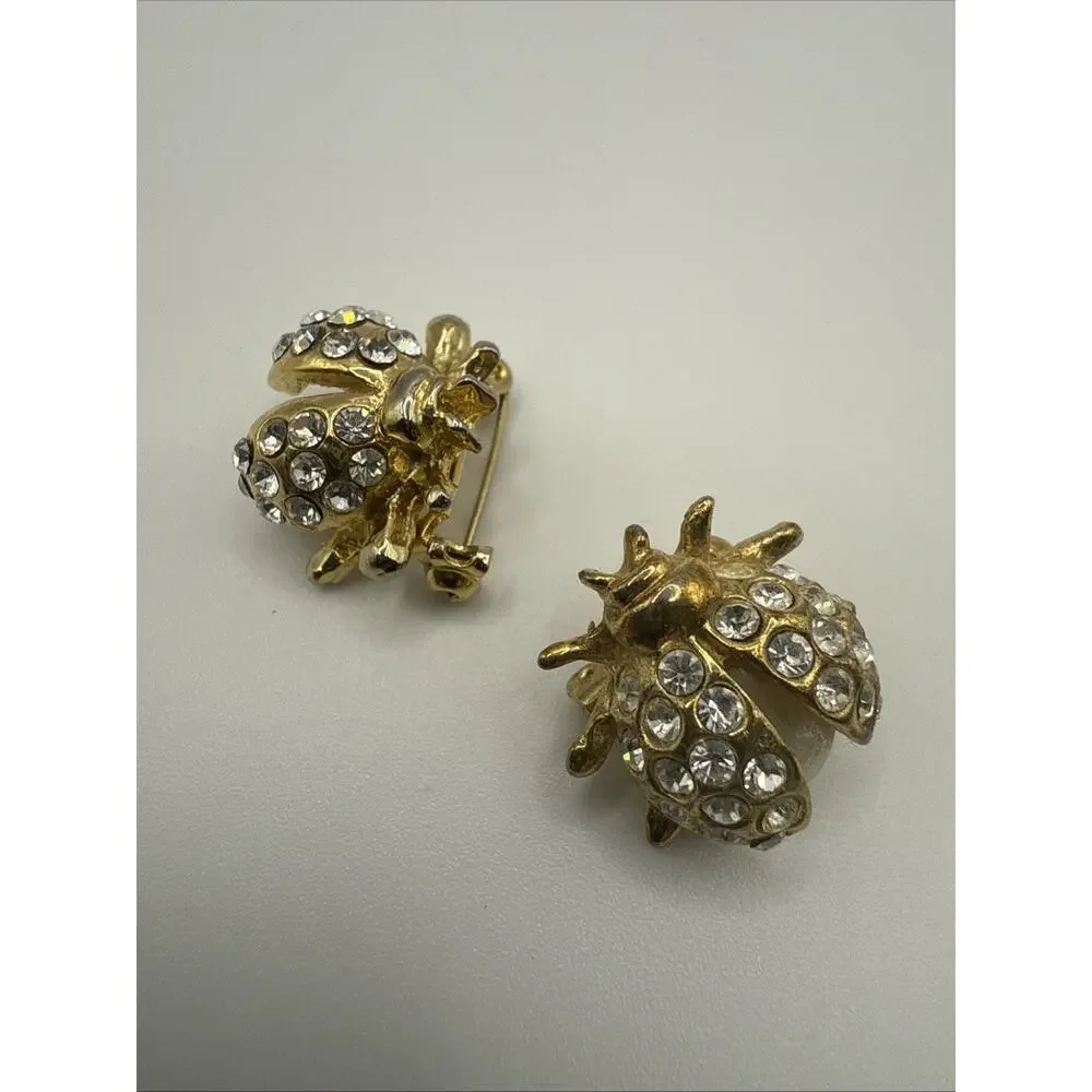 Two Ladybug Scatter Pins LOOK READ Gold‎ Tone Rhinestone One Pearl Stone Missing