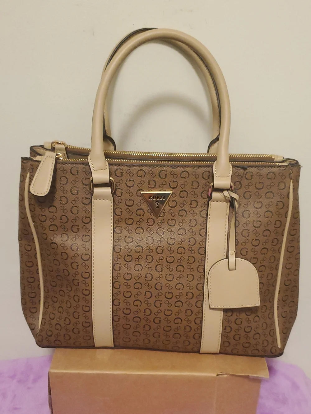 GUESS Brown Monogram Satchel with Cream Trim and Gold Hardware
