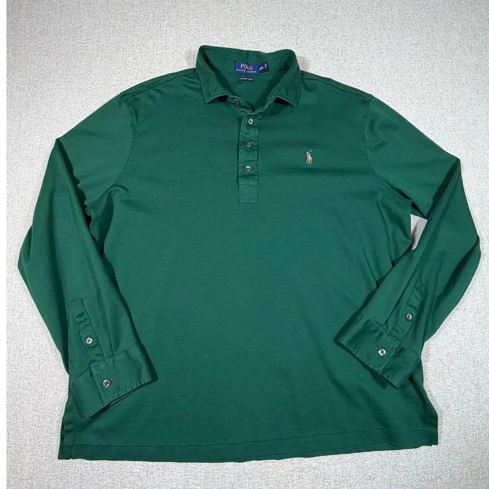 POLO Ralph Lauren Men 2XL Green Cuffed Long Sleeve Preppy Polo Shirt Casual