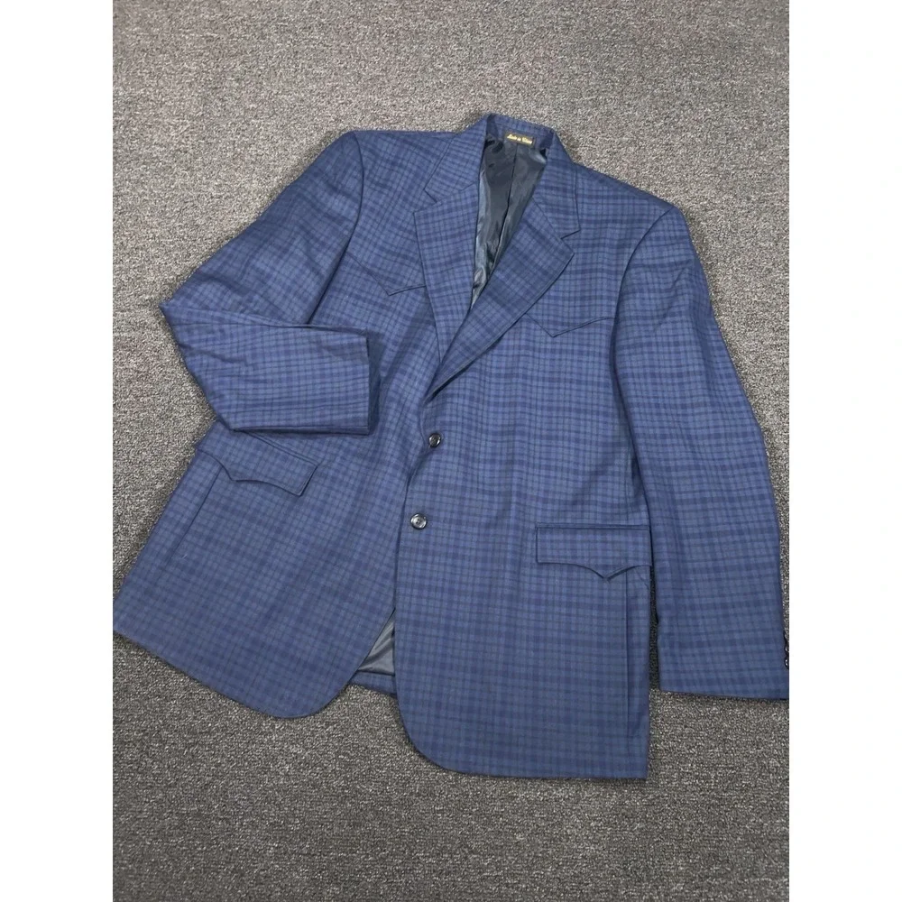 Circle S Western Blazer Jacket Men 48L Blue Gingham Check‎ Yokes Cowboy Ranch