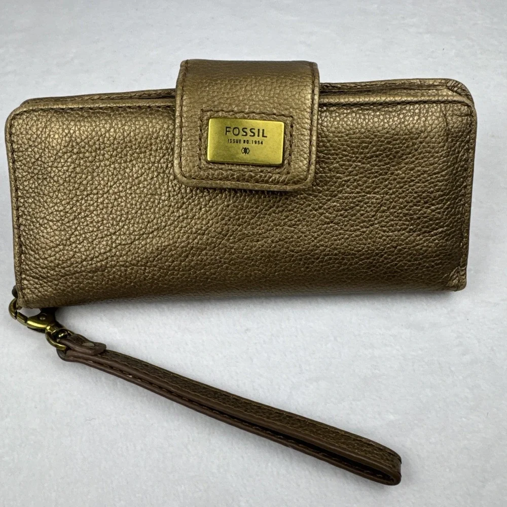 FOSSIL Quinn Slim‎ Wristlet Clutch Bi-Fold Wallet Pebbled Metallic Gold SWL1085