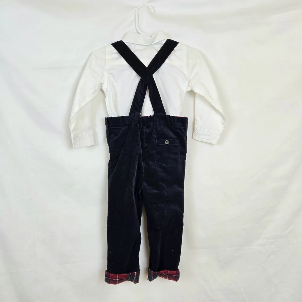 Max Studio Boys Navy‎ Overalls White Shirt Red Plaid Bowtie Holiday Set 12Mo NEW