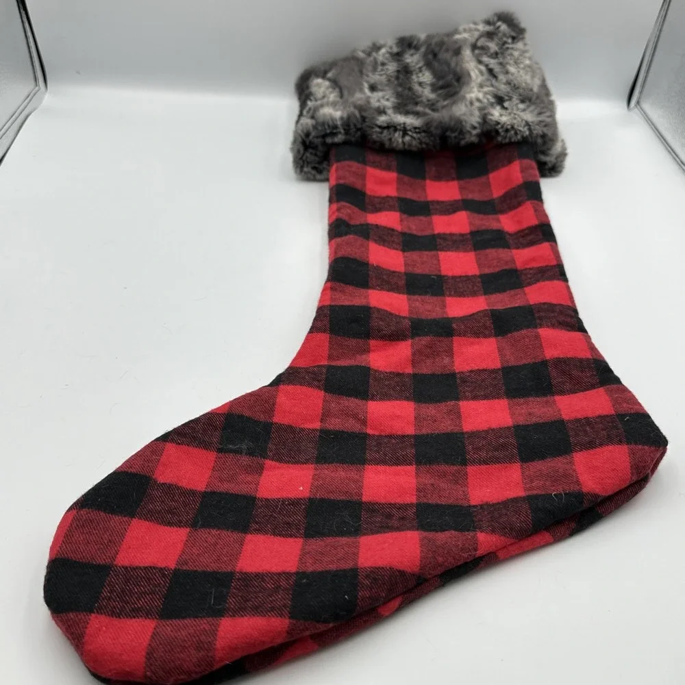 Large Red & Black Checker Plaid‎ Woven Stocking With Faux Fur Collar
