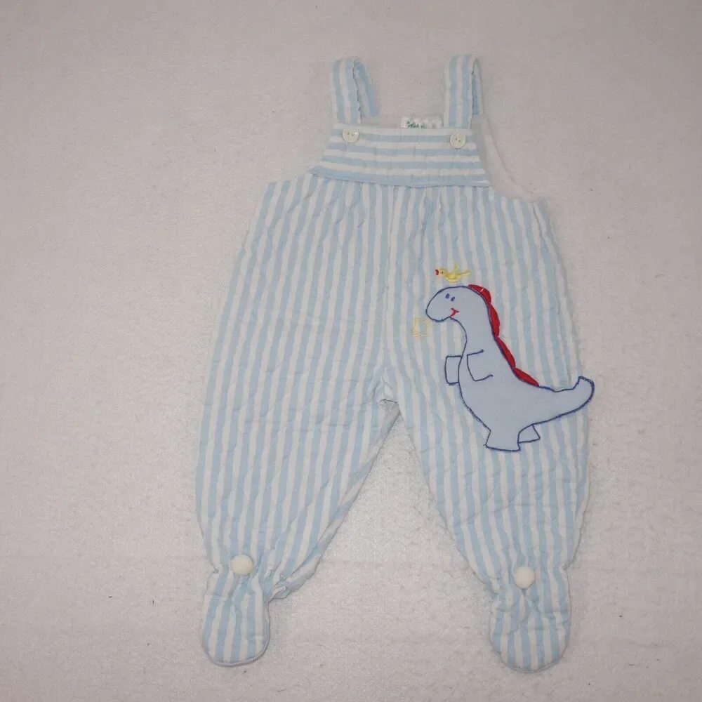 Vintage Tiny Tots Original Blue Stripe Dinosaur Made In USA Overalls 6-9 Months