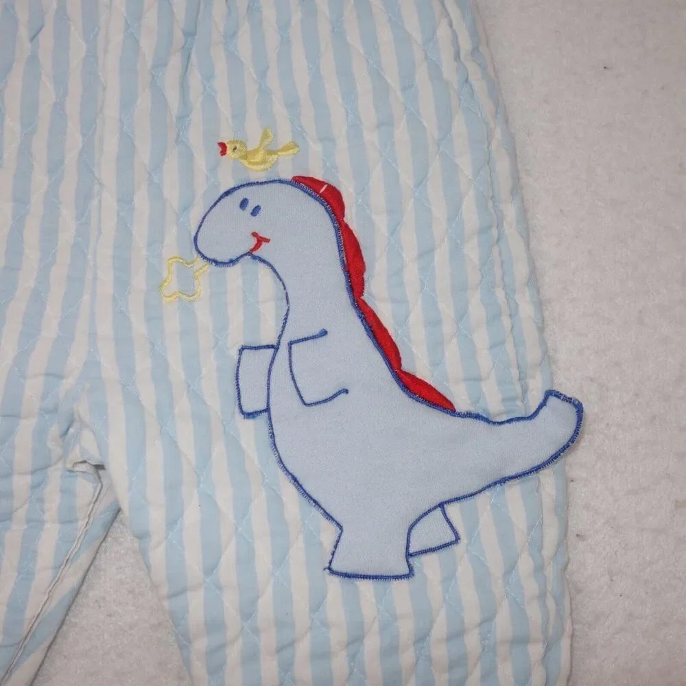 Vintage Tiny Tots Original Blue Stripe Dinosaur Made In USA Overalls 6-9 Months