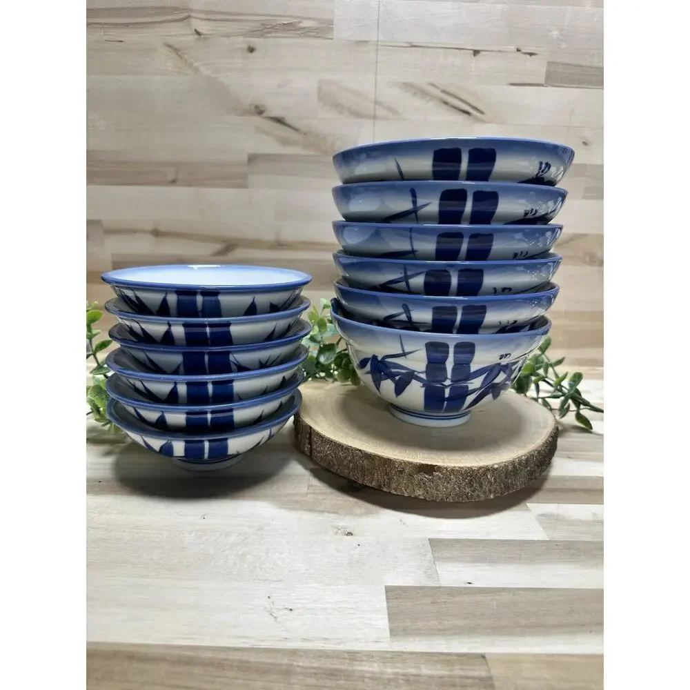 Set/12 Vintage Chinese Porcelain Rice Bowls Blue‎ & White Bamboo Motif 6 LG 6 SM