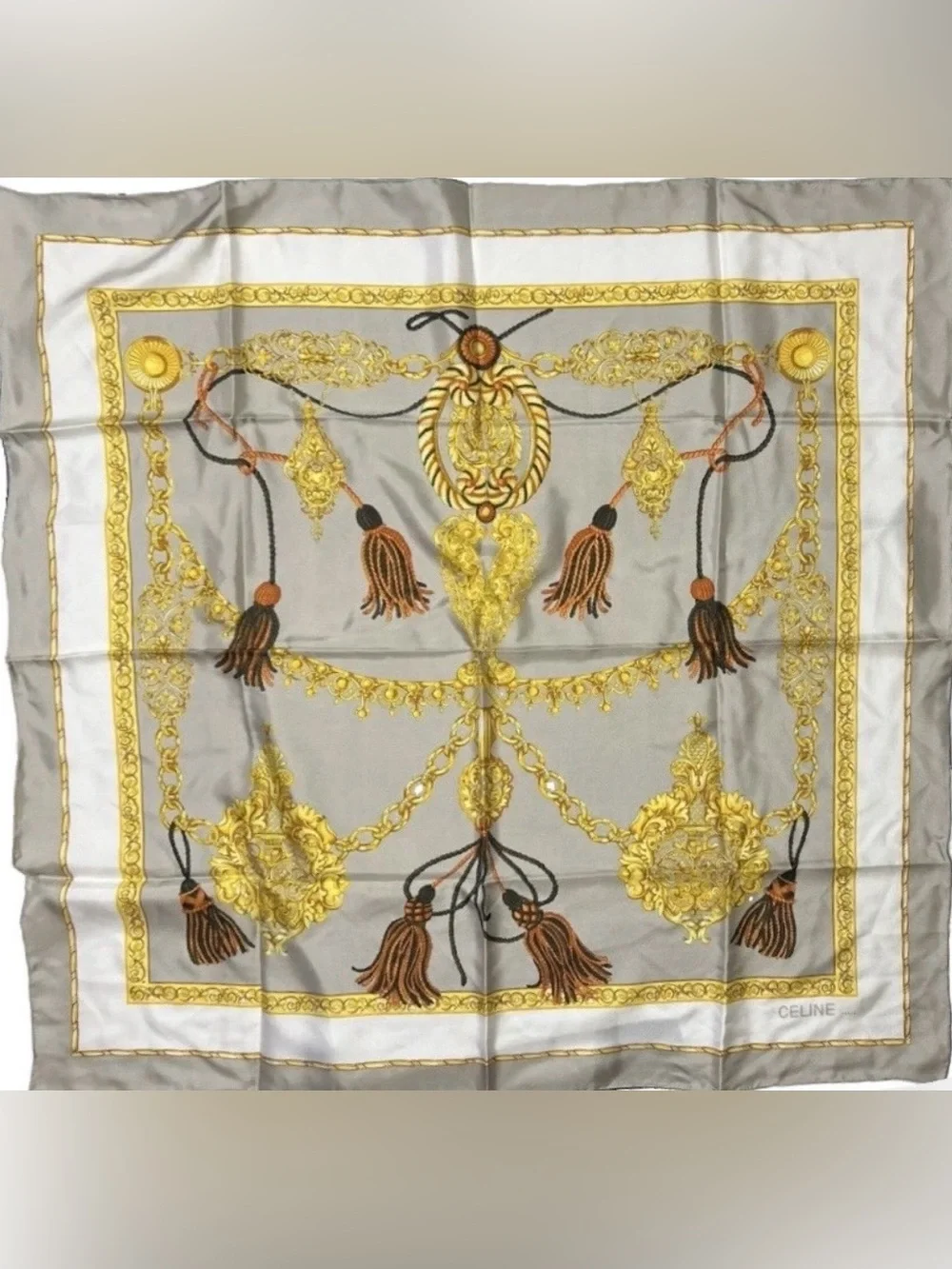 Vintage Celine Paris Silk Scarf Tassel Print Gray Gold Orange Black 34” France
