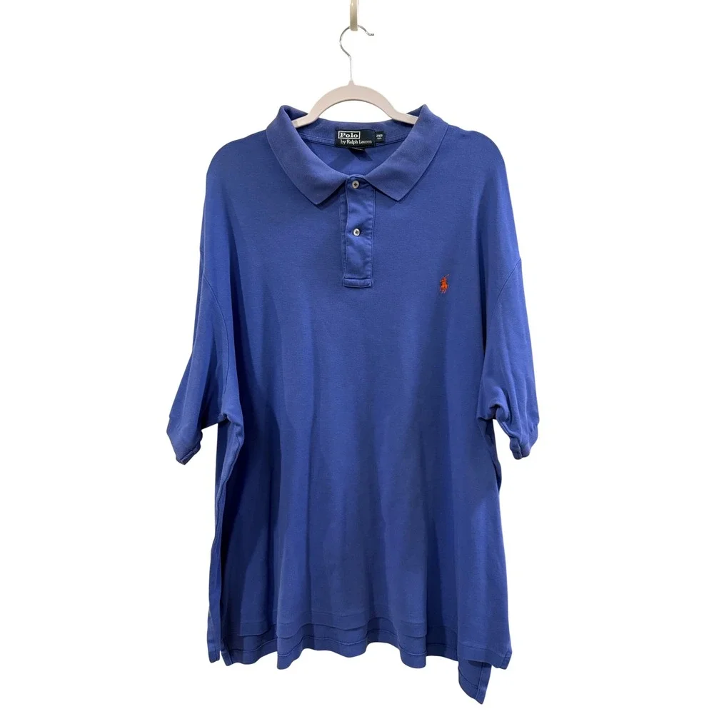 Polo Ralph Lauren Men 2XB Blue Pima Cotton Short Sleeve Polo Shirt Orange‎ Pony
