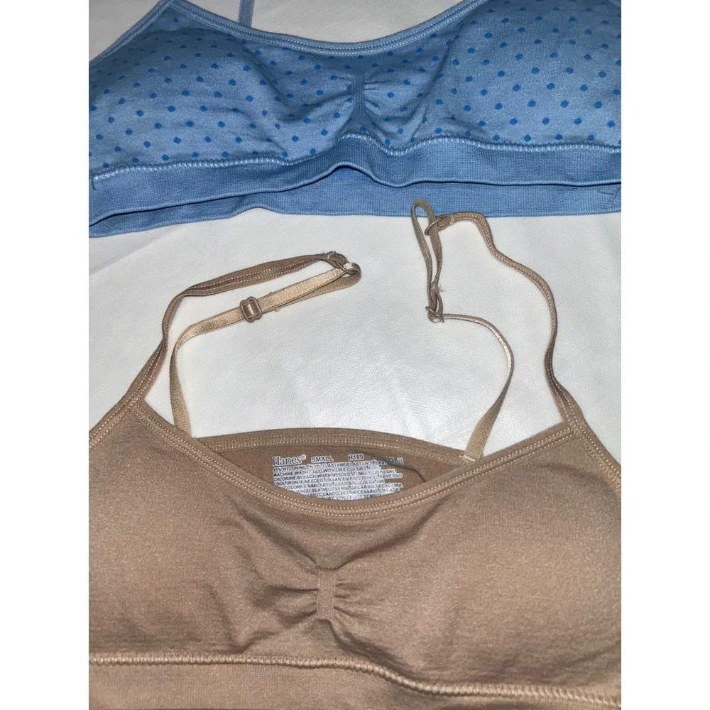 Hanes Girls Seamless‎ Bralette Set 2 Pack Tan Blue Polka Dot Small H189