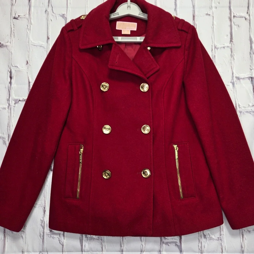 Michael Kors Womens Red Wool Blend Double Breasted Pea Coat Jacket Size 10‎