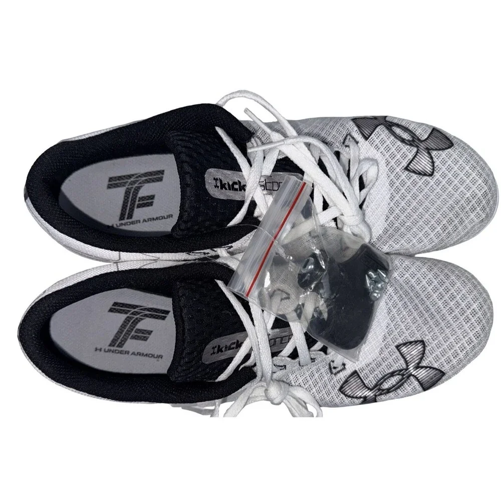 Under Armour Size 12 Track Shoes Kick Distance Running White Key & 8 Spikes New