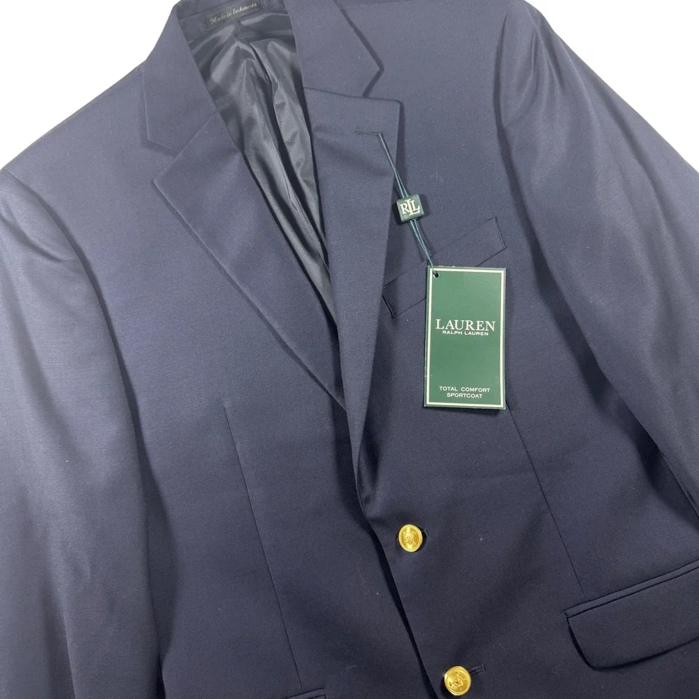 Lauren Ralph Lauren Total Comfort Sportcoat Mens 38R Navy Blue Wool Gold Button