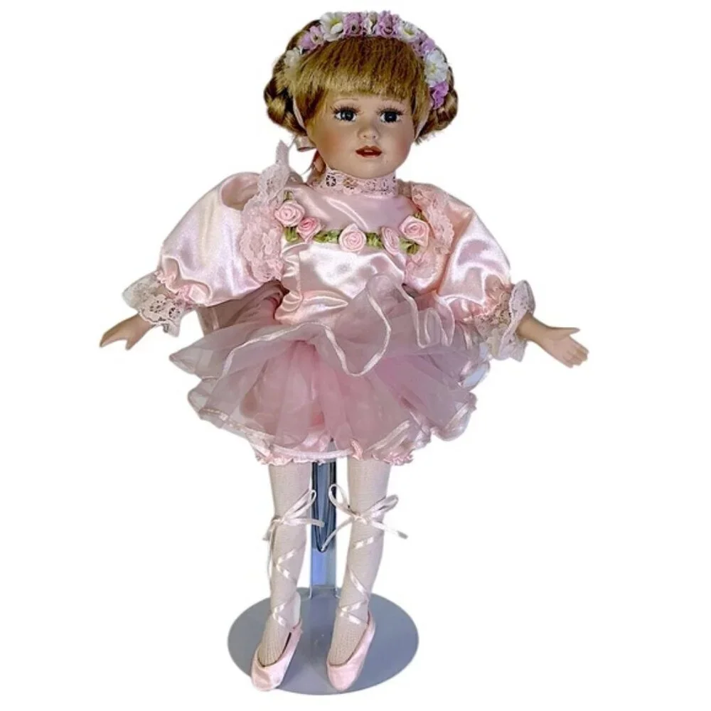 Vintage Ballerina Dancer Porcelain Doll 1990 Pink Satin Tutu Blonde Hair 14”