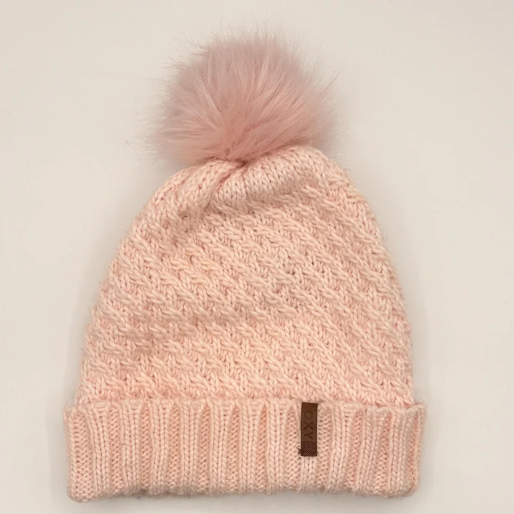ROXY Womens Beanie Pink Medium Lined Knit Pom Fur Trim Logo Winter Cozy