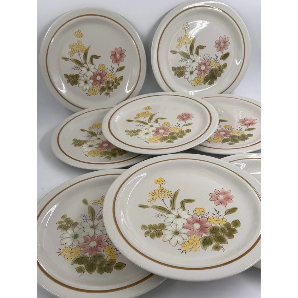 Dinner Plates 8 ct VTG Kingsbury Stoneware Spring Blossom Floral Japan 10.5