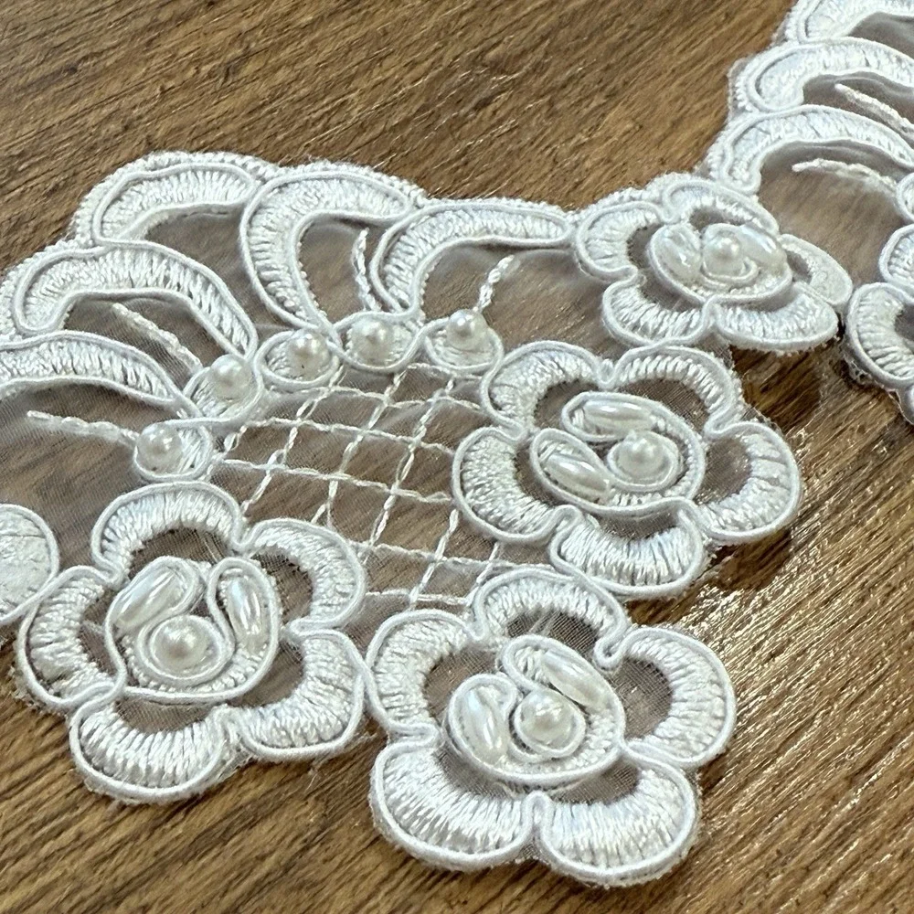 Applique White Flower Lace Pearl Trim Embroidered Sewing Lace Sew‎ Pearls 16.5